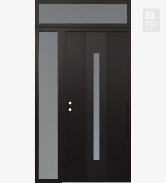Modern Steel Front Door DIAMOND A2 50" X 96" BLACK/WHITE FROSTED GLASS PANEL BLACK RHI WITH SIDELITE AND TRANSOM FROSTED GLASS