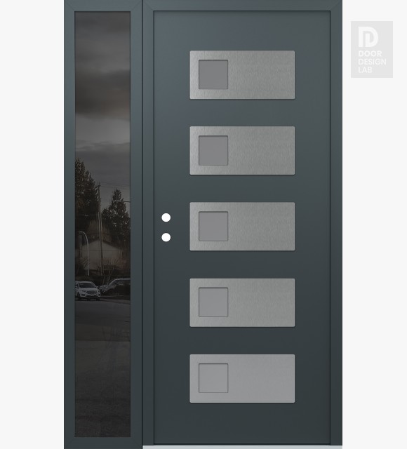 Modern Steel Front Door Diamond D2 52" x 80" anthracite/anthracite frosted Glass Panel stainless steel RHI with Sidelite mirrored Glass