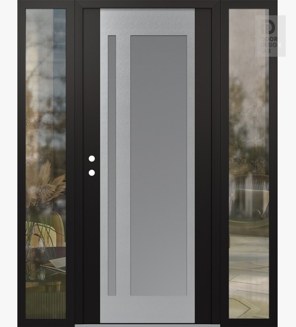 Modern Steel Front Door Diamond C15 60" x 80" black/white frosted Glass Panel stainless steel RHI with 2 Sidelites clear Glass