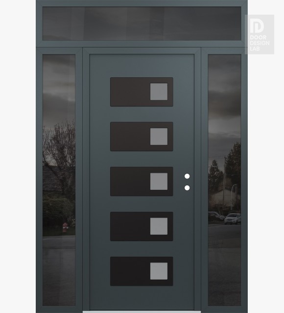 Modern Steel Front Door Diamond D2 60" x 96" anthracite/anthracite frosted Glass Panel black LHI with 2 Sidelites and Transom mirrored Glass