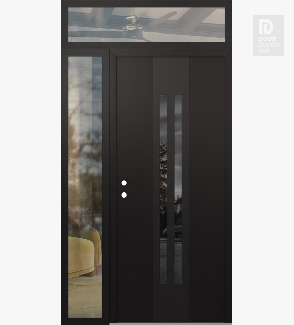 Modern Steel Front Door DIAMOND A8 50" X 96" BLACK/BLACK MIRRORED GLASS PANEL BLACK RHI WITH SIDELITE AND TRANSOM CLEAR GLASS