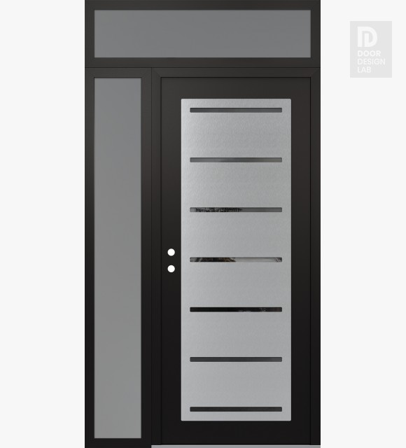 Modern Steel Front Door Diamond C11 50" x 96" black/black mirrored Glass Panel stainless steel RHI with Sidelite and Transom frosted Glass