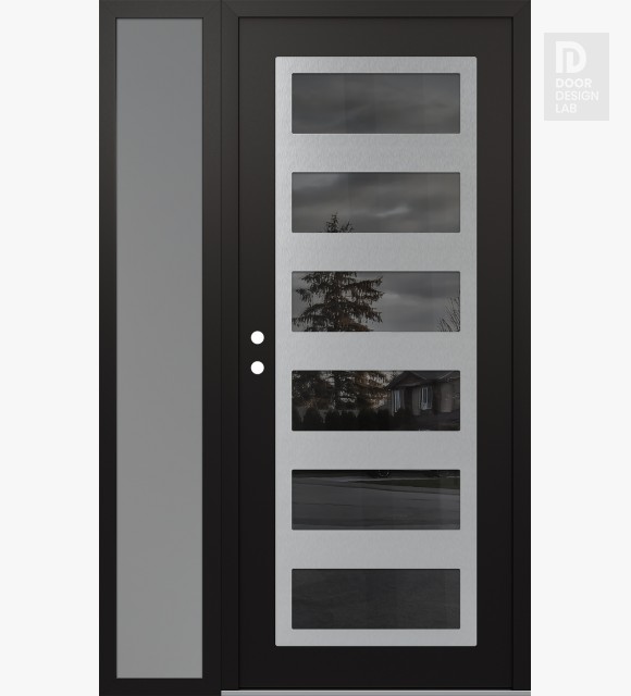 Modern Steel Front Door Diamond C9 48" x 80" black/black mirrored Glass Panel stainless steel RHI with Sidelite frosted Glass