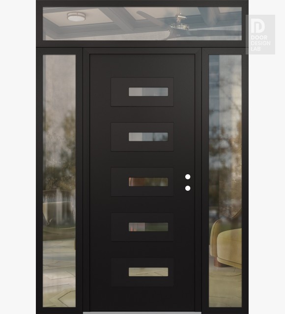 Modern Steel Front Door Diamond D6 64" x 96" black/black clear Glass Panel black LHI with 2 Sidelites and Transom clear Glass