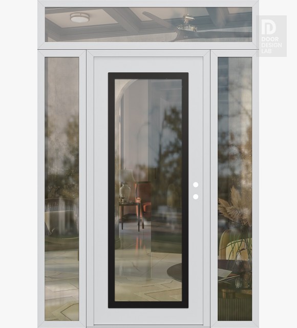 Modern Steel Front Door Diamond C1 64" x 96" white/white clear Glass Panel black LHI with 2 Sidelites and Transom clear Glass