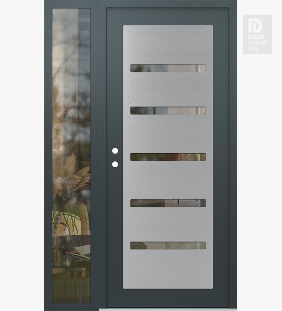 Modern Steel Front Door Diamond C7 52" x 80" anthracite/anthracite clear Glass Panel stainless steel RHI with Sidelite clear Glass