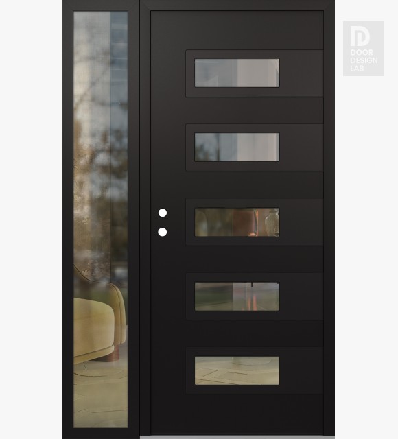 Modern Steel Front Door Diamond D3 50" x 80" black/black clear Glass Panel black RHI with Sidelite clear Glass