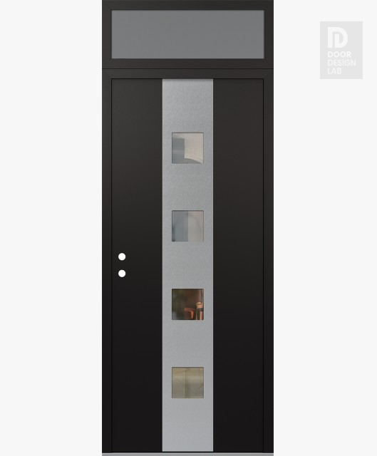 Modern Steel Front Door DIAMOND A12 36" X 96" BLACK/BLACK CLEAR GLASS PANEL STAINLESS STEEL RHI WITH TRANSOM FROSTED GLASS