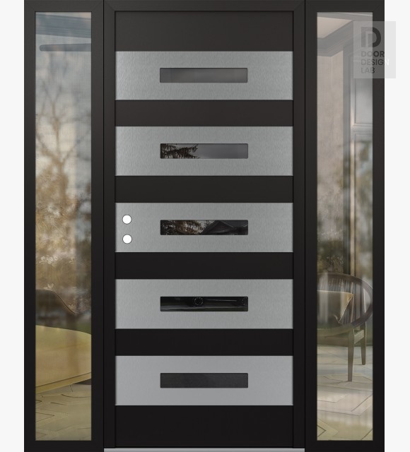 Modern Steel Front Door Diamond D9 64" x 80" black/black mirrored Glass Panel stainless steel RHI with 2 Sidelites clear Glass