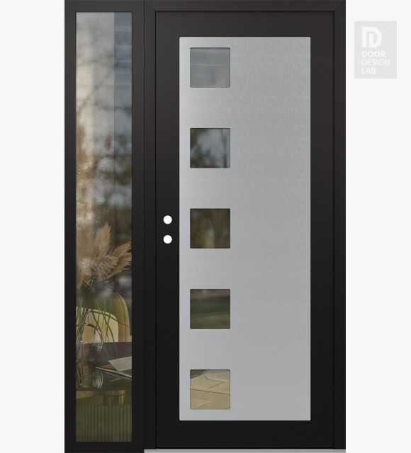 Modern Steel Front Door Diamond C5 50" x 80" black/black clear Glass Panel stainless steel RHI with Sidelite clear Glass