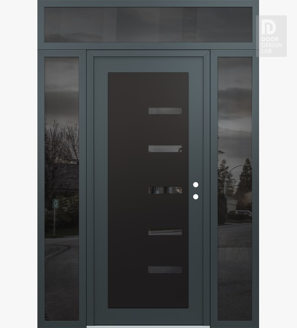 Modern Steel Front Door Diamond C8 60" x 96" anthracite/anthracite mirrored Glass Panel black LHI with 2 Sidelites and Transom mirrored Glass