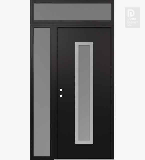 Modern Steel Front Door DIAMOND A11 52" X 96" BLACK/WHITE FROSTED GLASS PANEL STAINLESS STEEL RHI WITH SIDELITE AND TRANSOM FROSTED GLASS