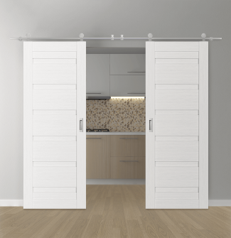 DOUBLE BARN DOOR LOUVER BIANCO NOBLE 36" X 80" X 1 3/4" STAINLESS STEEL HARDWARE