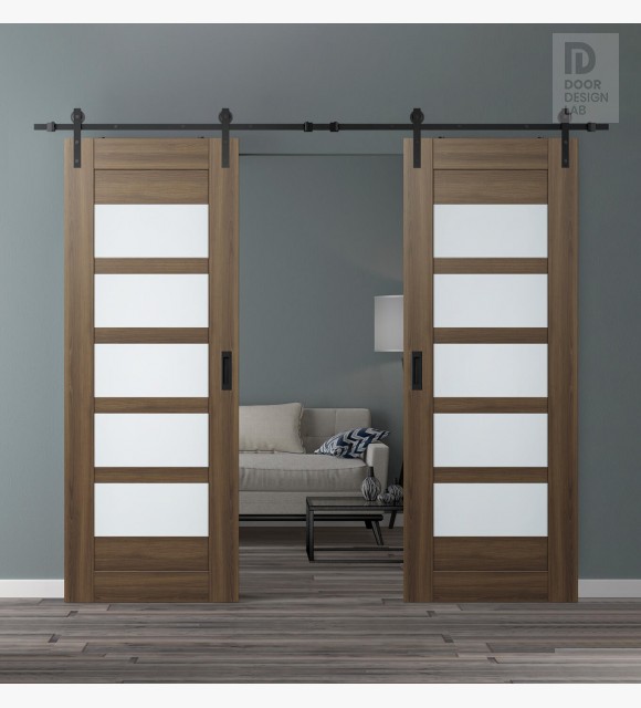 DOUBLE BARN DOOR AVON 07-07 VETRO PECAN NUTWOOD 56" X 80" X 1 3/4" BLACK HARDWARE