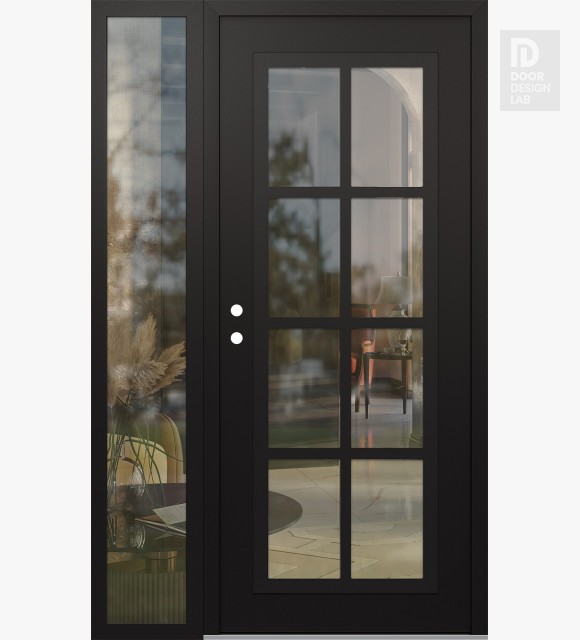 Modern Steel Front Door Diamond C16 52" x 80" black/black clear Glass Panel black RHI with Sidelite clear Glass