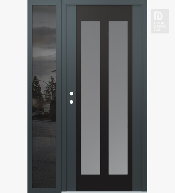 Modern Steel Front Door Diamond C14 48" x 80" anthracite/anthracite frosted Glass Panel black RHI with Sidelite mirrored Glass