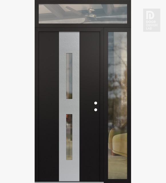 Modern Steel Front Door DIAMOND A6 50" X 96" BLACK/BLACK CLEAR GLASS PANEL STAINLESS STEEL LHI WITH SIDELITE AND TRANSOM CLEAR GLASS