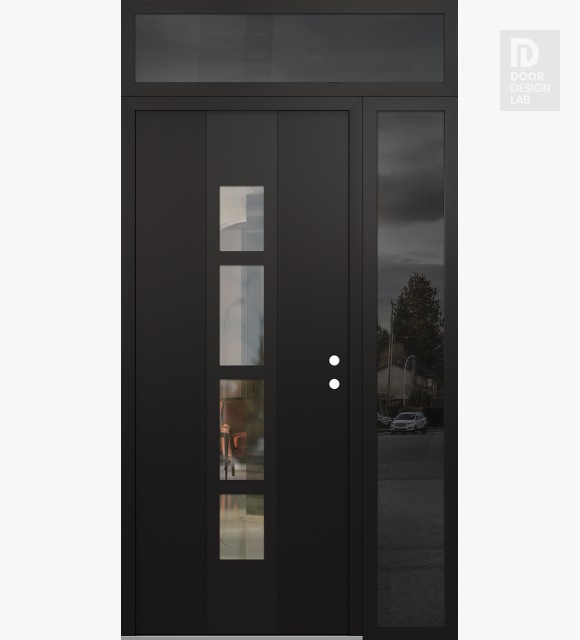 Modern Steel Front Door DIAMOND A10 50" X 96" BLACK/BLACK CLEAR GLASS PANEL BLACK LHI WITH SIDELITE AND TRANSOM MIRRORED GLASS