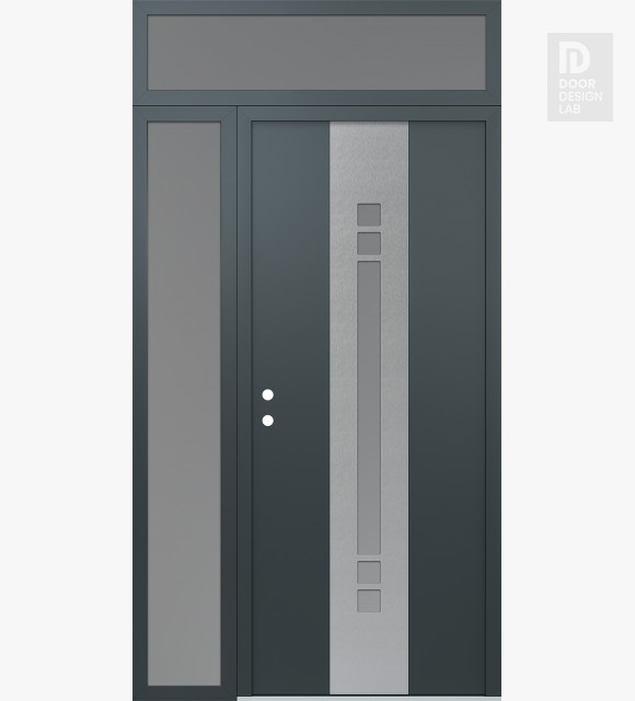 Modern Steel Front Door DIAMOND A4 50" X 96" ANTHRACITE/ANTHRACITE FROSTED GLASS PANEL STAINLESS STEEL RHI WITH SIDELITE AND TRANSOM FROSTED GLASS