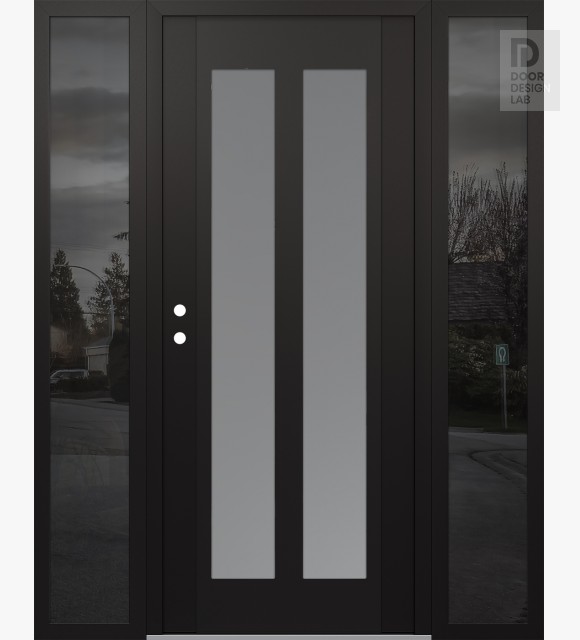 Modern Steel Front Door Diamond C14 60" x 80" black/white frosted Glass Panel black RHI with 2 Sidelites mirrored Glass