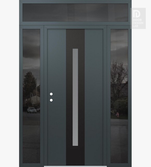 Modern Steel Front Door DIAMOND A2 60" X 96" ANTHRACITE/ANTHRACITE FROSTED GLASS PANEL BLACK RHI WITH 2 SIDELITES AND TRANSOM MIRRORED GLASS