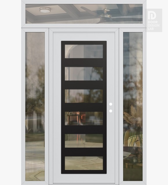 Modern Steel Front Door Diamond C9 60" x 96" white/white clear Glass Panel black LHI with 2 Sidelites and Transom clear Glass