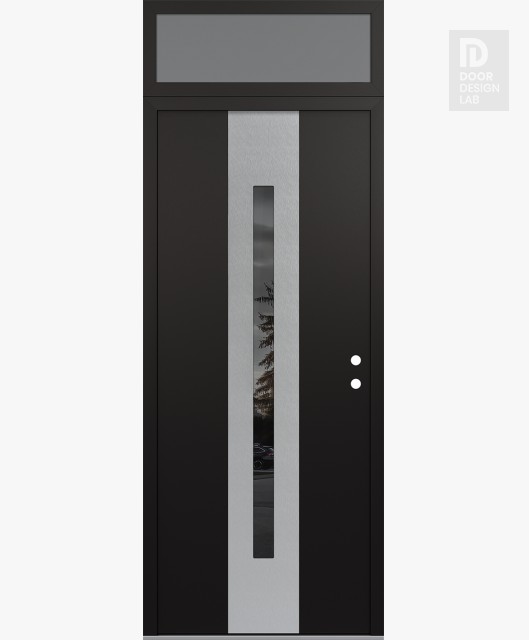 Modern Steel Front Door DIAMOND A2 36" X 96" BLACK/BLACK MIRRORED GLASS PANEL STAINLESS STEEL LHI WITH TRANSOM FROSTED GLASS