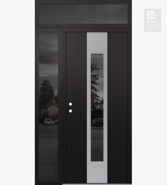 Modern Steel Front Door DIAMOND A1 48" X 96" BLACK/BLACK MIRRORED GLASS PANEL STAINLESS STEEL RHI WITH SIDELITE AND TRANSOM MIRRORED GLASS