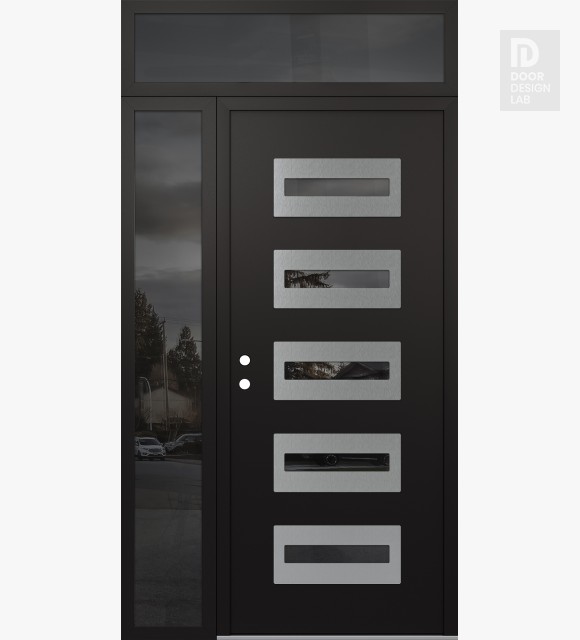 Modern Steel Front Door Diamond D4 50" x 96" black/black mirrored Glass Panel stainless steel RHI with Sidelite and Transom mirrored Glass