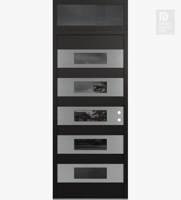 Modern Steel Front Door Diamond D5 36" x 96" black/black mirrored Glass Panel stainless steel LHI with Transom mirrored Glass