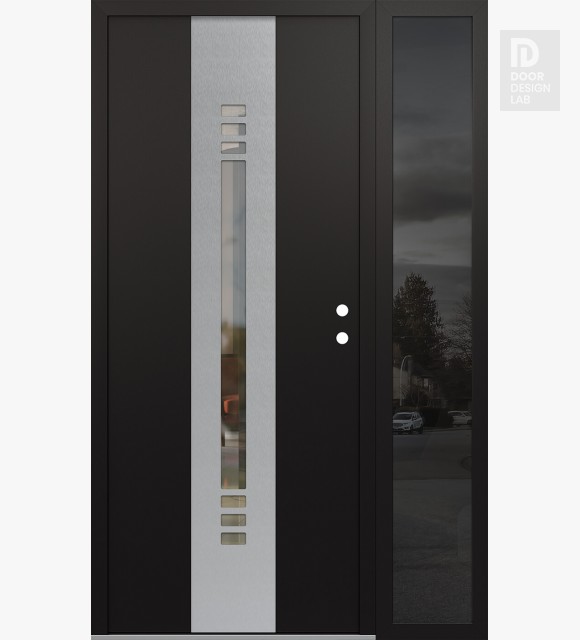 Modern Steel Front Door DIAMOND A5 52" X 80" BLACK/BLACK CLEAR GLASS PANEL STAINLESS STEEL LHI WITH SIDELITE MIRRORED GLASS