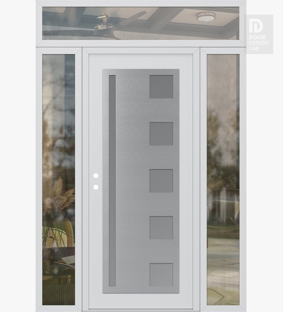 Modern Steel Front Door Diamond C3 64" x 96" white/white frosted Glass Panel stainless steel RHI with 2 Sidelites and Transom clear Glass