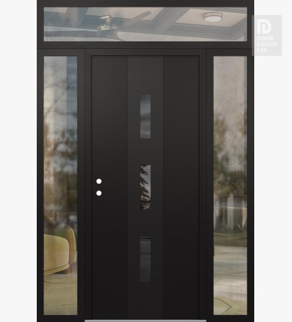 Modern Steel Front Door DIAMOND A7 68" X 96" BLACK/BLACK MIRRORED GLASS PANEL BLACK RHI WITH 2 SIDELITES AND TRANSOM CLEAR GLASS