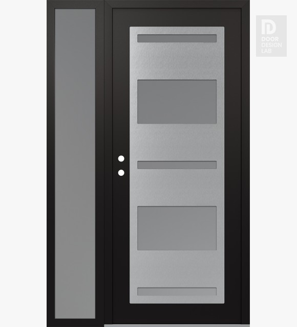 Modern Steel Front Door Diamond C10 48" x 80" black/white frosted Glass Panel stainless steel RHI with Sidelite frosted Glass