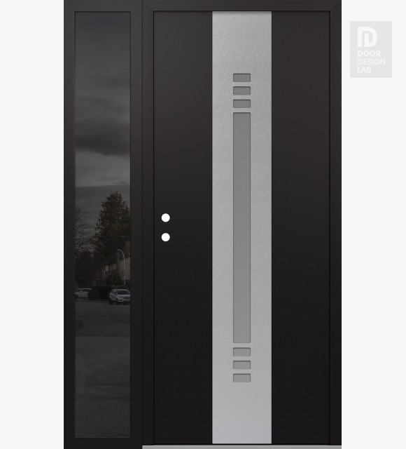Modern Steel Front Door DIAMOND A5 52" X 80" BLACK/WHITE FROSTED GLASS PANEL STAINLESS STEEL RHI WITH SIDELITE MIRRORED GLASS