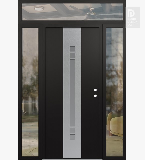 Modern Steel Front Door DIAMOND A4 64" X 96" BLACK/WHITE FROSTED GLASS PANEL STAINLESS STEEL LHI WITH 2 SIDELITES AND TRANSOM CLEAR GLASS
