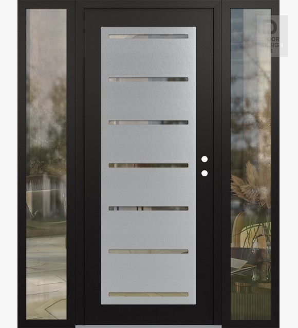 Modern Steel Front Door Diamond C11 60" x 80" black/black clear Glass Panel stainless steel LHI with 2 Sidelites clear Glass
