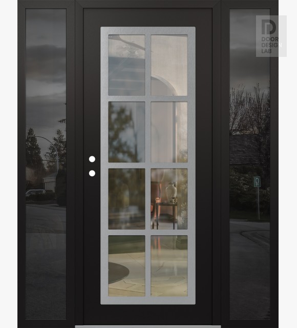 Modern Steel Front Door Diamond C16 64" x 80" black/black clear Glass Panel stainless steel RHI with 2 Sidelites mirrored Glass