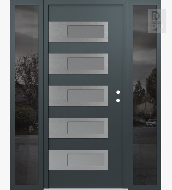 Modern Steel Front Door Diamond D3 60" x 80" anthracite/anthracite frosted Glass Panel stainless steel LHI with 2 Sidelites mirrored Glass