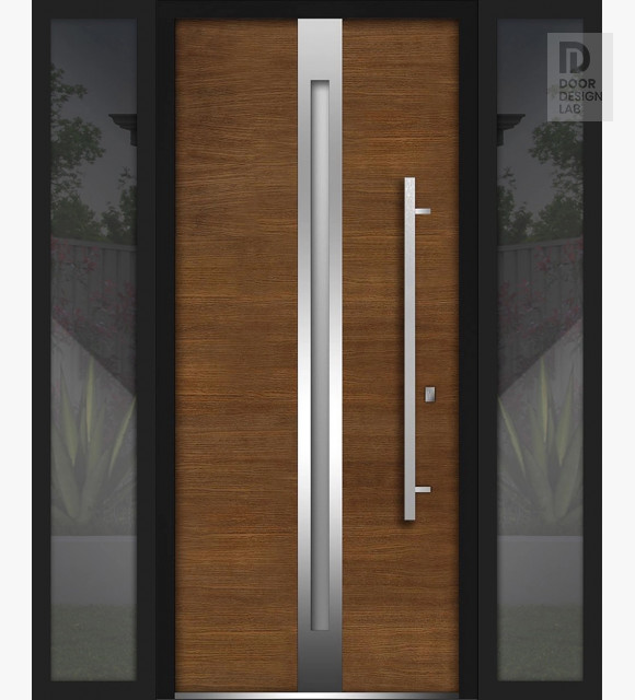 Front Exterior Prehung Steel Door / Deux 1744 Natural Oak / 2 Side Exterior Black Windows / Stainless Inserts Single Modern Painted-W12+36+12" x H80"-Left-hand Inswing
