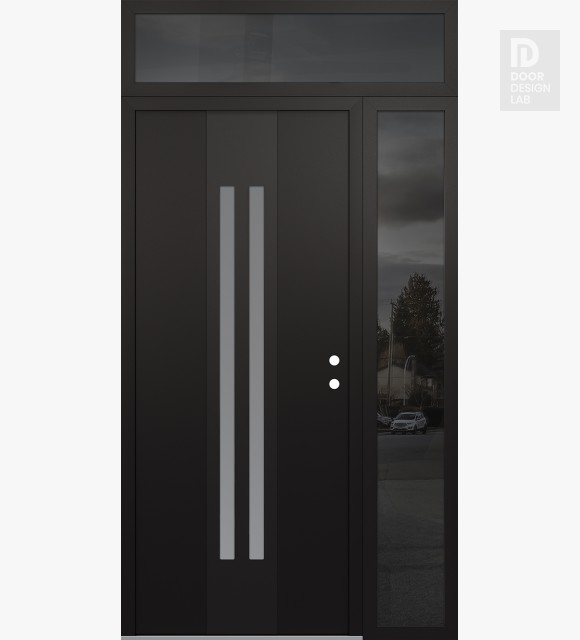 Modern Steel Front Door DIAMOND A8 52" X 96" BLACK/WHITE FROSTED GLASS PANEL BLACK LHI WITH SIDELITE AND TRANSOM MIRRORED GLASS