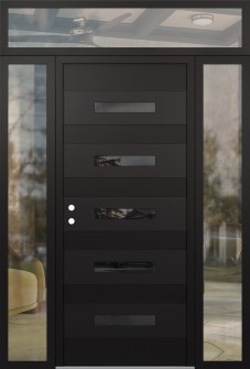 Diamond D9 68" x 96" black/black mirrored Glass Panel black RHI with 2 Sidelites and Transom clear Glass