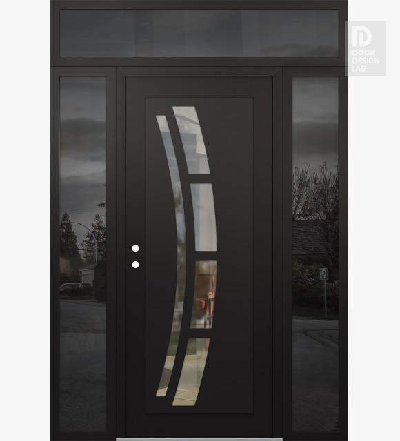 Modern Steel Front Door Diamond C12 64" x 96" black/black clear Glass Panel black RHI with 2 Sidelites and Transom mirrored Glass