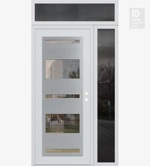Modern Steel Front Door Diamond C10 48" x 96" white/white clear Glass Panel stainless steel LHI with Sidelite and Transom mirrored Glass