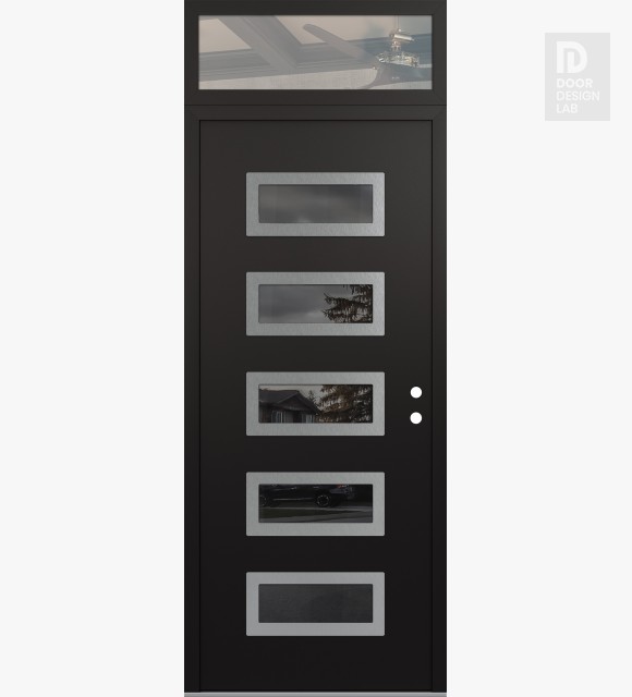 Modern Steel Front Door Diamond D1 36" x 96" black/black mirrored Glass Panel stainless steel LHI with Transom clear Glass