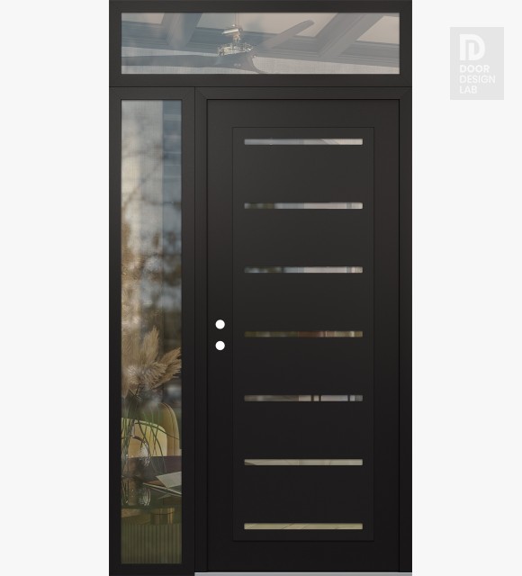 Modern Steel Front Door Diamond C11 48" x 96" black/black clear Glass Panel black RHI with Sidelite and Transom clear Glass
