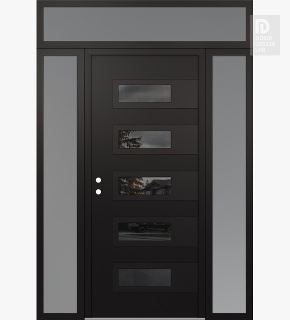 Modern Steel Front Door Diamond D3 64" x 96" black/black mirrored Glass Panel black RHI with 2 Sidelites and Transom frosted Glass