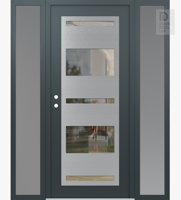 Modern Steel Front Door Diamond C10 60" x 80" anthracite/anthracite clear Glass Panel stainless steel RHI with 2 Sidelites frosted Glass