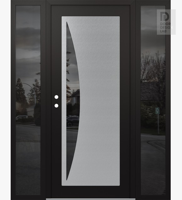 Modern Steel Front Door Diamond C13 68" x 80" black/black mirrored Glass Panel stainless steel RHI with 2 Sidelites mirrored Glass