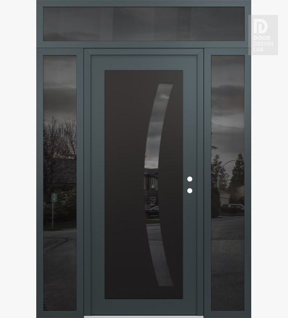 Modern Steel Front Door Diamond C4 64" x 96" anthracite/anthracite mirrored Glass Panel black LHI with 2 Sidelites and Transom mirrored Glass